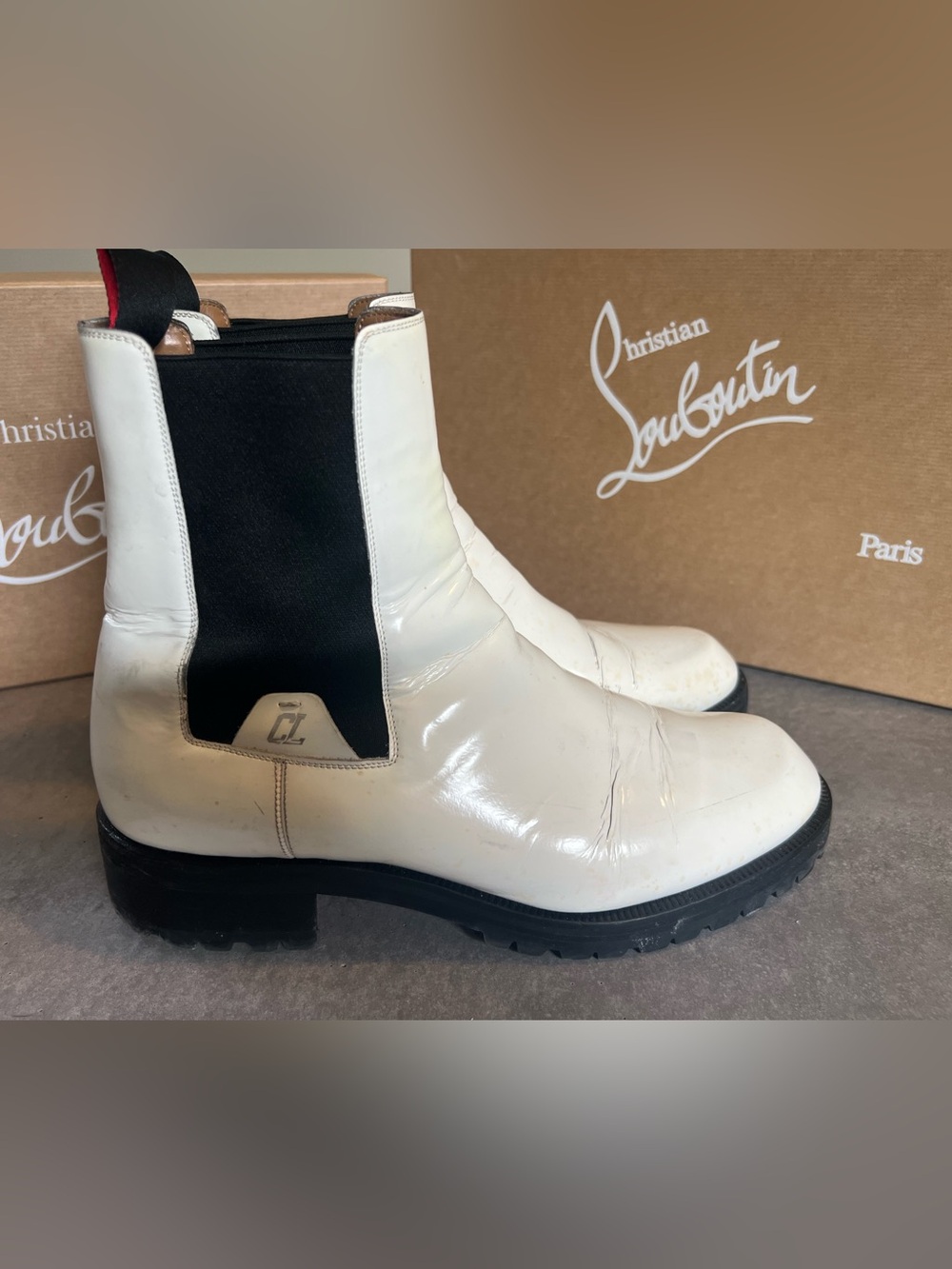 Christian Louboutin White Leather Chukka Boots with Black Elastic Panels - Men